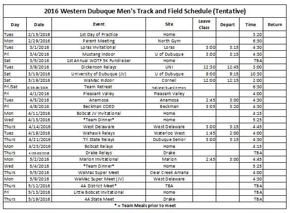2016 Schedule Western Dubuque Track